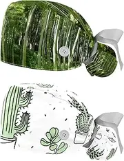 [WOSHJIUK] Working Hat 2 Pack Scrub Caps for Women,Green Plant Forest,Tie Back Cap Adjustable Scrub Hat