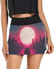[Joisal] Heart Tree Stars Blue Mini Skort with Zipper Pockets Athletic Skirts for Running Tennis Workout, Sunset Cityscape Glow, Small