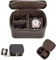 Contacts Crazy Horse Leather Watch Case and Cufflink Storage Box for Men Small Travel Zipper Jewelry Accessory Organizer