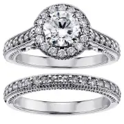 1.40 CT Halo Brilliant Cut Diamond Engagement Bridal Set in 18k White Gold NEW