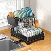 stusgo 2 Tier Sink Dish Drying Rack Kitchen, Upgraded Installation-Free Dish Holder, 360° Rotating Scalable Pipeline Drainer Board，Foldable Sink Dish Rack, Free Drain Dish Drainer Rack (Black)