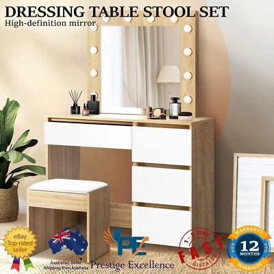Oikiture Dressing Table Stool Set Makeup Desk Mirror Storage 12 LED Bulbs Wooden