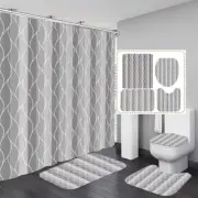 4Pcs Shower Curtain Set with Rugs Stripe Bathroom Sets Geometric Wave Grey