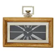 Litton Lane Table Clock Oak Brown/Silver Analog Mechanical Solidwood Glass Small