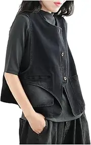 [Bciopll] Women Irregular Design Denim Vest Fashion Sleeveless Jacket Ladies Vintage Cowboy Waistcoat Black XL(12)