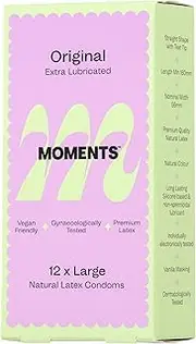 Moments Original Condoms | Large and Extra Lubricated, Premium Quality Natural Latex, Vegan, Gynaecologically & Dermatologically Tested (Pack of 1-12 Counts)