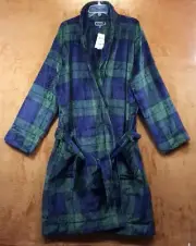 CLUB ROOM Robe Mens Small Medium Blue Green Tartan Plaid Plush Fleece Cozy Belt