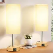 Touch Table Lamps Set of 2 Dimmable USB Charging Wood Grain Base