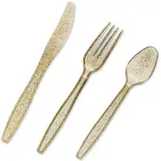 96 Pack Gold Glitter Plastic Silverware, Forks, Spoons, Knives (Serves 32)