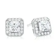 Sterling Silver Cubic Zirconia Halo Princess Cut Stud Earrings