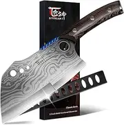 Meat Cleaver Chef Knife, 7.7 Inch Multifunction Butcher Knife With Herb Stripper And Sheath, Chinese Cleaver Heavy Duty Bone Chopper, Meat Cutting, Damascus Pattern Full Tang Wood Handle