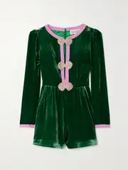[Saloni] Saloni - Camille Embellished Silk Crepe-trimmed Velvet Playsuit - Emerald - UK 12 UK 12 Green