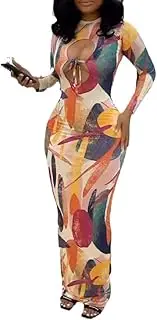 [Yuopeid] Women's Sexy Crewneck Printed Maxi Vacation Wrap Dress Fashion Hollow Out Bandage Long Sleeve Club Party Dress
