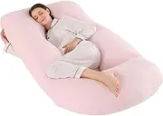 Pregnancy Pillow, Maternity Full Body Pillow for Back, Legs and Belly Support, J Shaped Full Body Pillow for Pregnant Women and Side Sleepers with Removable Cover (Knitted Cotton, Pink)