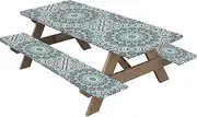 Picnic Table Cover with Bench Covers, Waterproof Geometric Tablecloth with Elastic, Reusable Windproof Camping Tablecloth for Outdoor Use