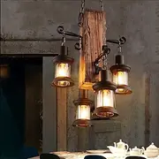 Wooden Retro Chandelier Industrial Retro Chandelier Black Metal Bedroom Dining Room Suspension Lantern Frame with Glass Shade House Loft Bar Coffee Decoration