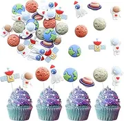 Ephlyn 24Pcs Outer Space Cupcake Toppers Planet Rocket Spaceship Trip to the Moon Star Cupcake Picks Solar System Galaxy Universe Planets Birthday Cupcake Decorations Party Supplies