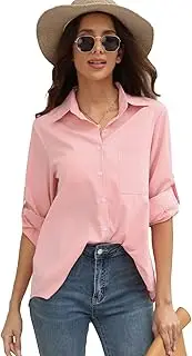 [zoogobee] Womens Long Sleeve Blouse Ladies Fitted Pink Shirt Button-Down Smart Tops Lapel Collar Office Basic