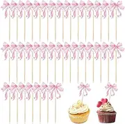36PCS Pink Bow Cupcake Toppers, Cute Bow Decorations, Paper Bowknot Cupcake Toppers, Wonmen Birthday Party Decorations, for Party Cupcake Picks Decor