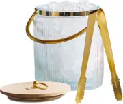 Glass Ice Bucket With Airtight Lid, Ice Tong Scooper And Handle - 3L Ribbed Tub