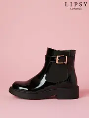 Lipsy Black Flat Patent Buckle Chelsea Boot (B86533) | $83 - $92