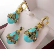 SALE ! SUPERB ENAMEL EGG PENDANT & EARRINGS SET STERLING 925 GENUINE TURQUOISE
