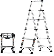 Telescopic Ladder Aluminum Extension Step Ladder Folding Telescopic Ladder A Frame Telescoping Ladders, W/Extra Wide Steps and Anti-Slip Feet Ladder (Size : 5+6 Steps)