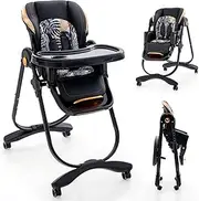 Baby Joy High Chair, Foldable Baby High Chair with Adjustable Height, Backrest & Footrest, Double Removable Tray, Portable High Chair with Wheels for Babies & Toddlers of 6-36 Months (Black)