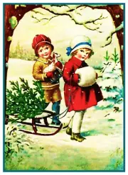 Christmas Scene # 811 Boy Girl Snow Sled Xmas Tree Counted Cross Stitch Pattern