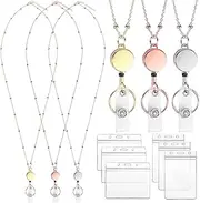 3 Pack ID Badges Lanyards, Retractable Badge Lanyard with 6Pcs ID Badge Holder, Stainless Steel Bead Lanyards Cruise Ship Lanyards for Teacher Girl Women (Silver, Gold, Rose Gold)
