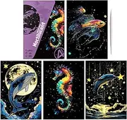 Kids Scratch Paper, Handmade Glitter Scratchboard Art Set of 4, 8.27x5.91 Inches Safe & Fun Creative Crafts, Coloring Drawing Craft for Landscape and Animal Artwork to Men, Women