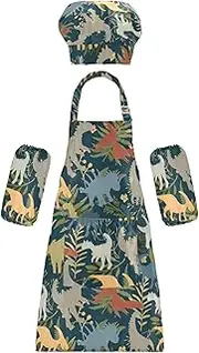 AIXIWAWA Kids Apron Chef Hat Set, Child Kitchen Bib Aprons Adjustable for Cooking Baking Painting (Colorful Dinosaur)