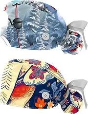[YTYVAGT] 2-Pc,Nurse Scrub Caps,Scrub Hats with Buttons and Cotton Sweatband,Christmas Snowman Ski Tree