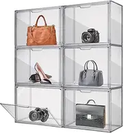 MISSLO Clear Shoe Storage, 6 Pack Large Acrylic Shoe Storage Boxes Stackable with Magnetic Door, Clear Shoe Display Box for Handbag Toys Books Storage