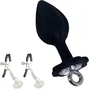 Female Masturbation Silicone Butt Plug With Adjustable Cute Nipple Clamps, Wearable Butt Plug Sex Toy Set