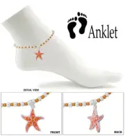 Sealife Theme Coral Pink 3D Starfish Charm Beaded Stretch Anklet for Women