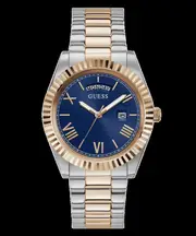 Guess Connoisseur Brushed And Polished Two Tone Case Blue Day Date Dial And Brushed And Polished Two Tone Bracelet GW0265G12