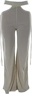 [Generic] Women Mid Waist Cut Out Stretch Trousers Cross Cut Hollow Wide Leg Pants Laddering Stretch Casual Trousers