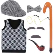 Kids 100 Days Of School Old Man Costume Grandpa Fancy Dress Cosplay,Black - 8-10Years(A)