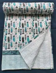 Traditional Handmade Indian Kantha King Size Bedspread Hand Block Print Blanket