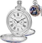 [Alwesam] Painted Picture Steel Pocket Watches for Men, Roman Numerals Scale Mechanical Pocket Watch with Chain,London Design Double Open Womens Mens Pocket Watch