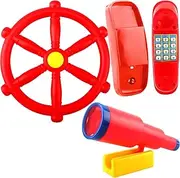 3 Pack Kids Playground Accessories Pirate Ship Steering Wheel Plastic Steering Wheel Swingset Telephone Plastic Telescope for Kids Outdoor Playhouse Treehouse Playset (Red)