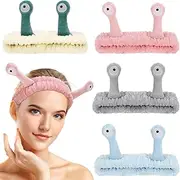 DragonflyDreams 4 Packs Snail Head Bands, Headband for Washing Face, Snail Spa Hair Bands Skincare Makeup Headbands Women Cartoon Cute Coral Fleece Elastic Headband Creative Hair Accessories for Women