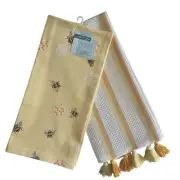 Kitchen Towel Set Of 2 Bee Themed 100% Cotton Yellow Multicolored New With Tag
