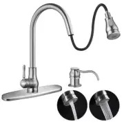 Kitchen Sink Faucet Single Handle Pull Down Sprayer w/ Soap Dispenser Deck Mount