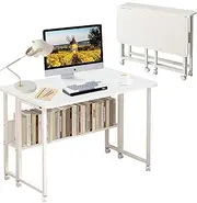 HOMKAI Computer Desk 80CM, Foldable Home Office Desk with Storage Shelves, Computer Workstation with Wheels, Modern Simple Writing Desk Gaming Table for Small Space, Easy to Move & Store (White)