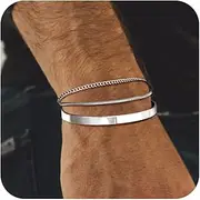 [Moodear] Stackable Bracelets for Men Dainty 925 Sterling Silver/14K Gold Plated Cuff Snake Box Cuban Link Chain Bangle Bracelet Set Mens Jewelry Gifts for Men Silver Gold Black