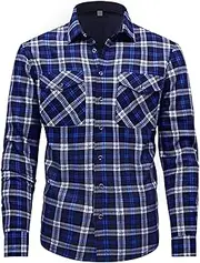 [QIXING] Men's Hoodies Flannel Plaid Hooded Shirt Jacket Winter Fleece-Lined Warm Hoodie Long Sleeve Soft Button-Down Coat with Hood