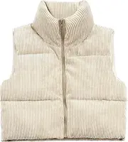 [WUEAOA] Women's Cropped Puffer Vest Winter Sleeveless Warm Outerwear Vests Lightweight Corduroy Coat with Invisible Pockets