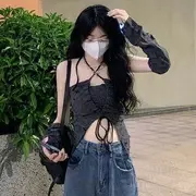 Halter-Neck Plain Distressed Drawstring Crop Top Dark Gray - S